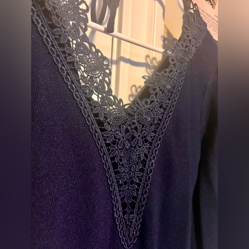 Navy Sweater Dress with Lace - Picture 2 of 4